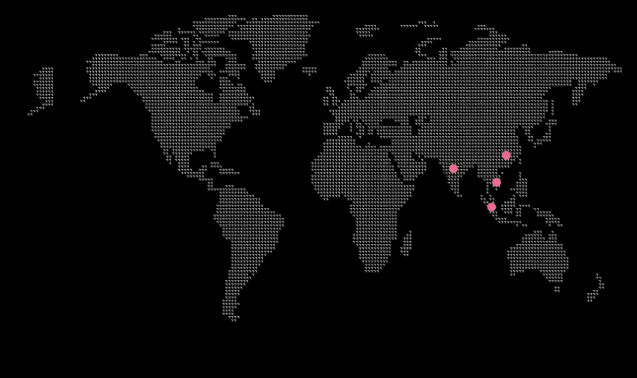 Eine Weltkarte, die die Standorte von GFT in Asien mit rosa Punkten hervorhebt. GFT Standorte in Asien