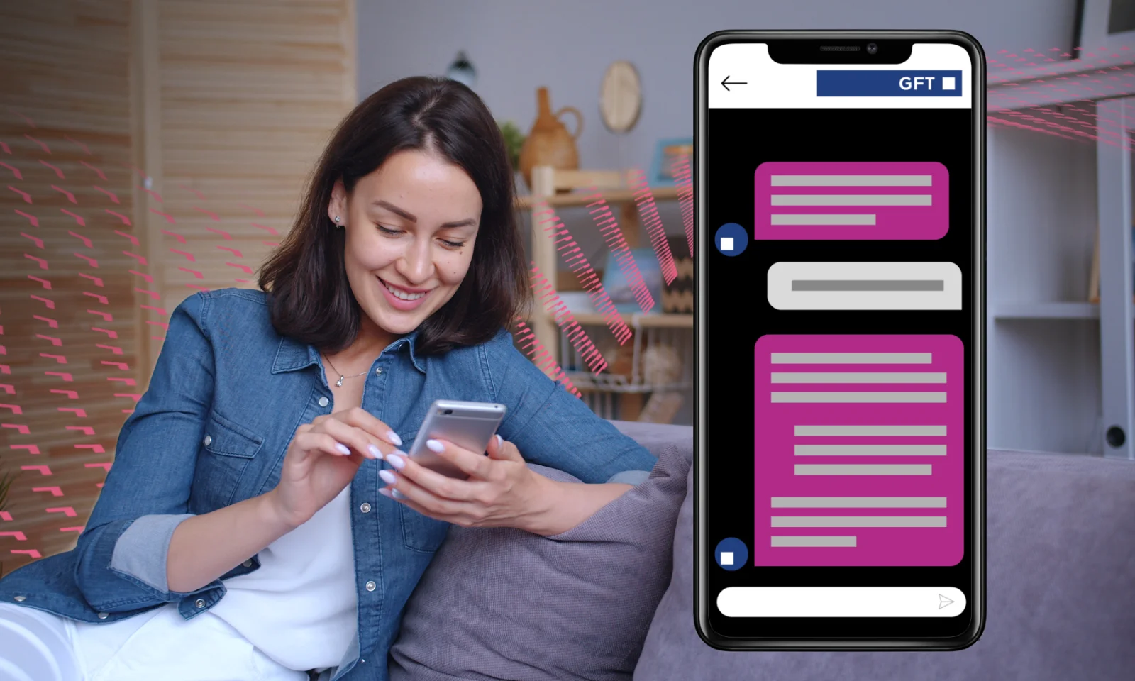Video Thumbnail for GFT Banking Agent A smiling woman using a smartphone with a large mobile screen beside her showing a chat interface with GFT branding.