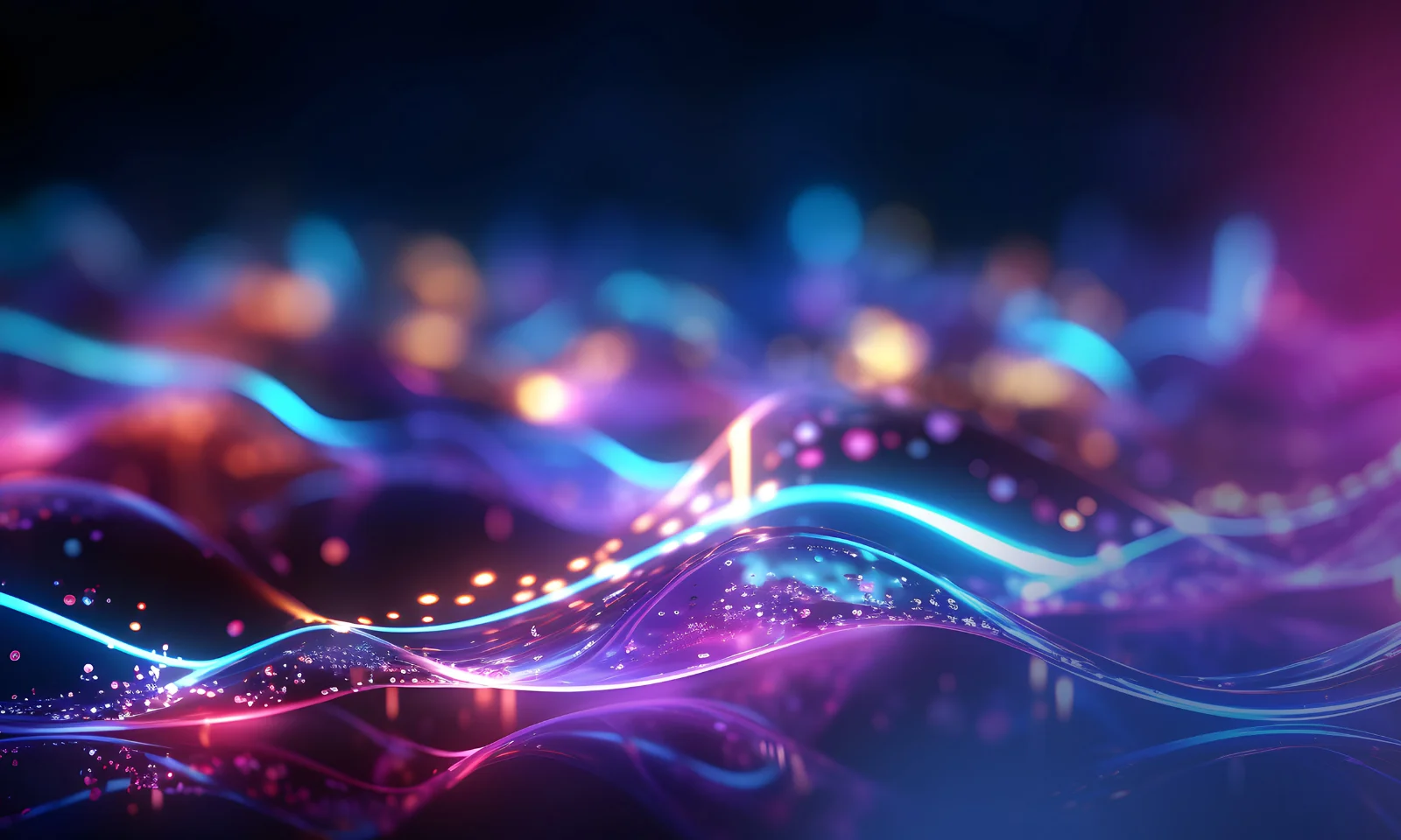 Ondas abstratas de cores neon vibrantes representando o fluxo de dados e a inovação digital em um cenário futurista.