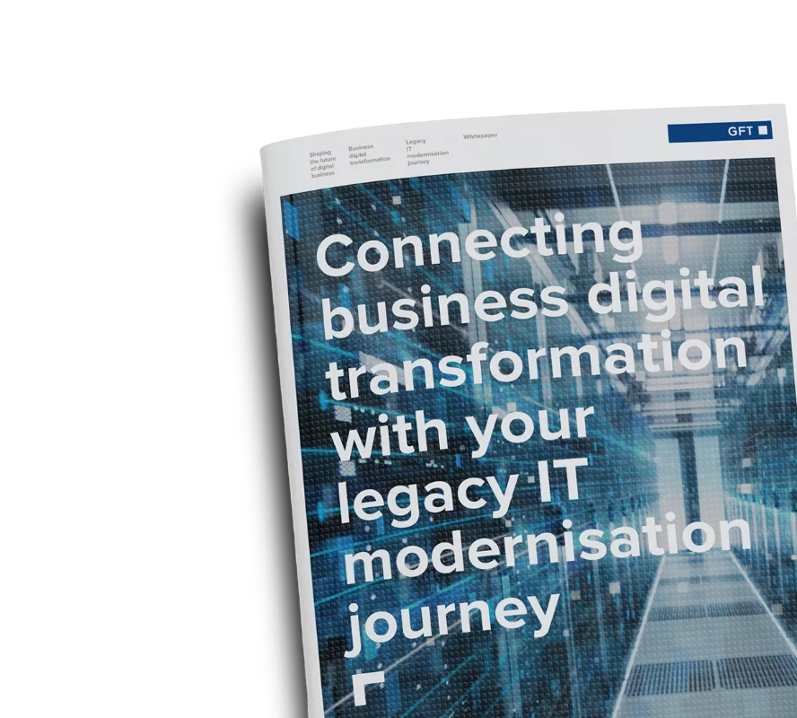 Connecting Business Digital Transformation with Your Legacy IT Modernisation Journey A mockup of a whitepaper titled "Connecting Business Digital Transformation with Your Legacy IT Modernisation Journey," featuring an image of modern data centres.