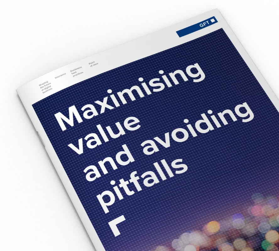 Maximising Value and Avoiding Pitfalls - GFT Thought Leadership A close-up of a GFT publication titled "Maximising Value and Avoiding Pitfalls," showcasing guidelines and best practices for digital business transformation.