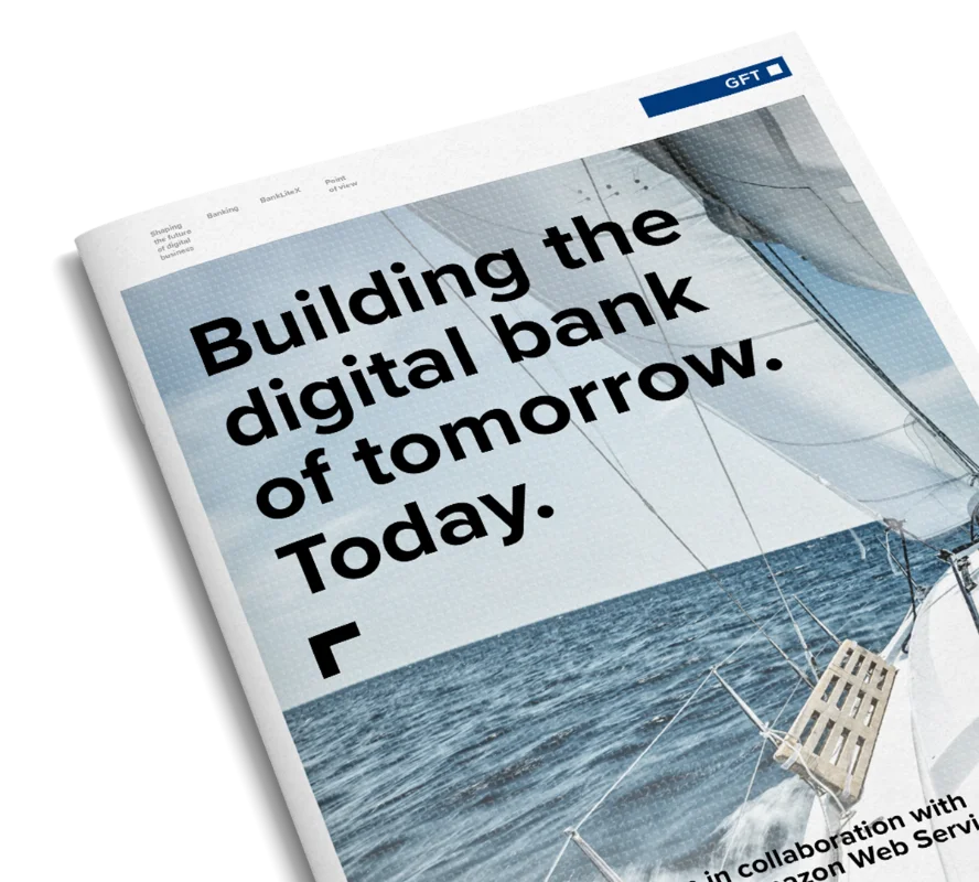 Building the Digital Bank of Tomorrow Whitepaper Mockup A mockup of a whitepaper titled "Building the Digital Bank of Tomorrow" featuring a sleek sailboat navigating open waters, symbolising innovation and forward-thinking in digital banking.